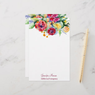 Red and orange watercolor floral personalised stationery