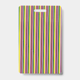 Red and orange wrapping paper with a glossy finish ID badge