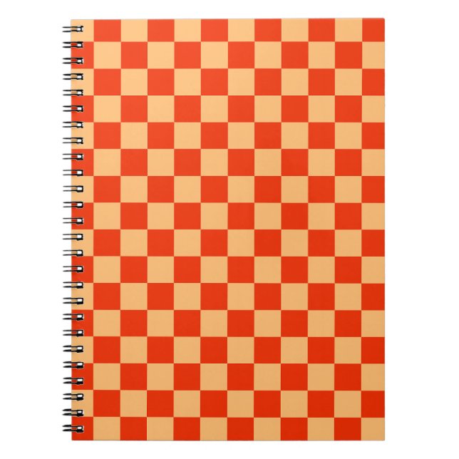 Red and Peach Check Chequered Chequerboard Pattern Notebook (Front)
