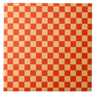 Red and Peach Check Chequered Chequerboard Pattern Tile