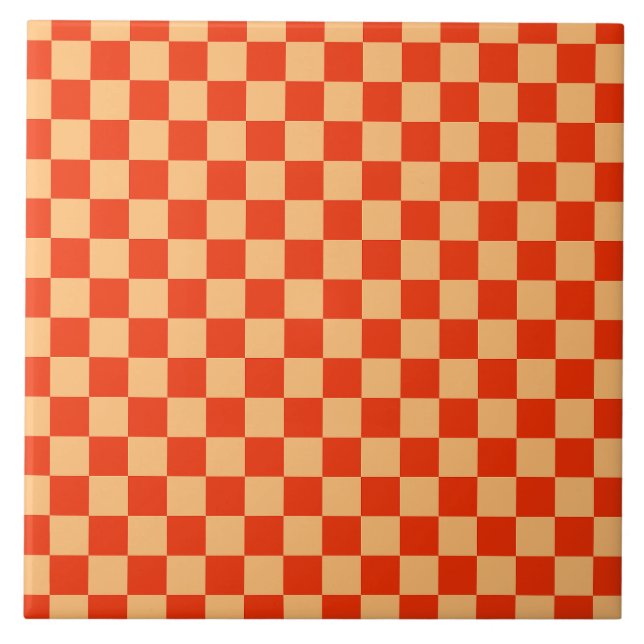 Red and Peach Check Chequered Chequerboard Pattern Tile (Front)