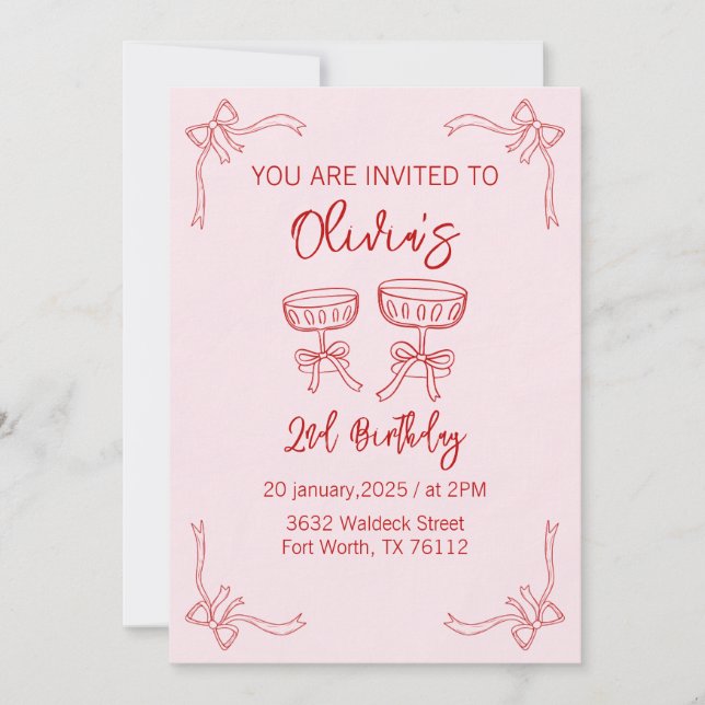 Red and Pink 2nd Birthday Invitation For Girls (Front)
