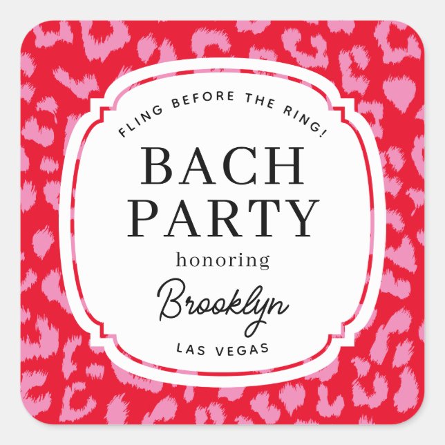 Red and Pink Animal Print Bachelorette Party Square Sticker (Front)