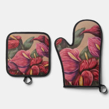 red and pink anthurium oven mitt set