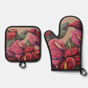 red and pink anthurium oven mitt set