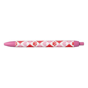 Red and Pink Argyle Paw Print & Heart Pattern Black Ink Pen