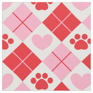 Red and Pink Argyle Paw Print & Heart Pattern Fabric