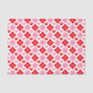 Red and Pink Argyle Paw Print & Heart Pattern Tissue Paper