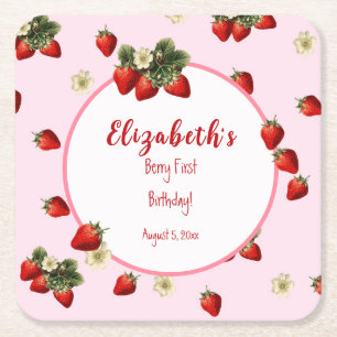 Red and Pink Berry First Baby Girl Birthday Party  Square Paper Coaster