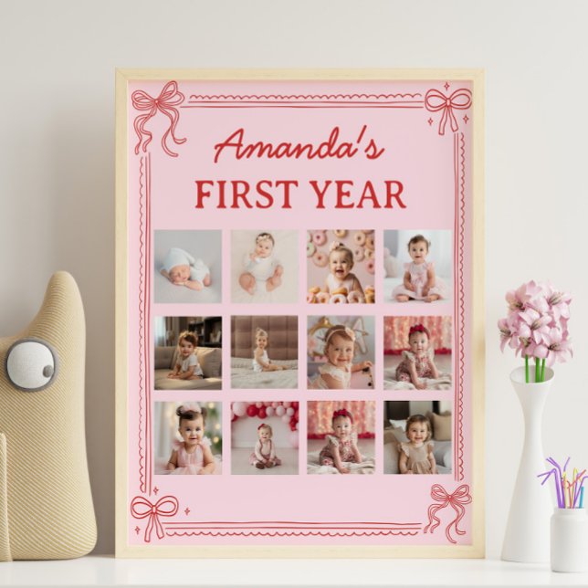 Red and Pink Bow Cake Birthday Photo Milestone Poster (Creator Uploaded)