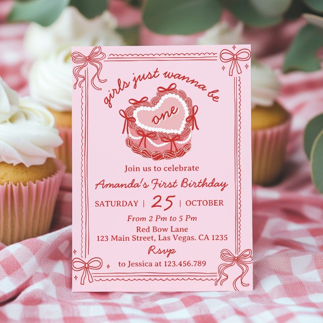 Red and Pink Bow Girls Just Wanna Be One Birthday Invitation (Creator Uploaded)