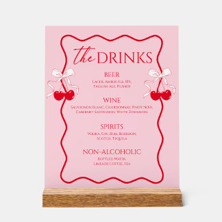 Red and Pink Cherry Bow Bridal Shower Drink Bar Acrylic Sign