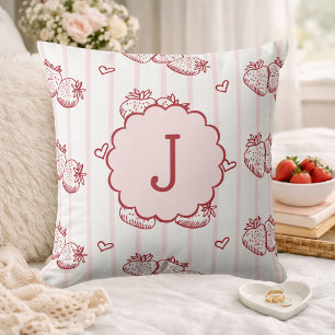 Red and Pink Cottagecore Strawberry Monogram  Cushion