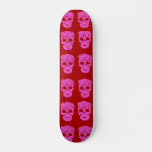 Red and pink crothet skull skateboard