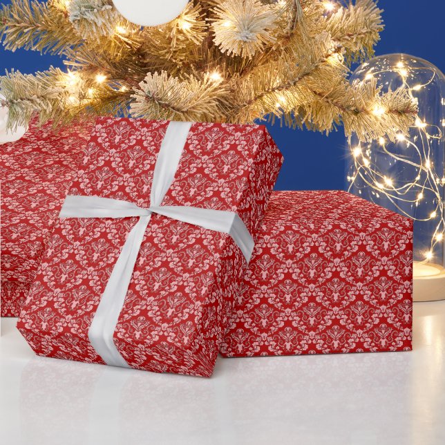 Red and Pink Damask Pattern Vintage Wrapping Paper (Holidays)