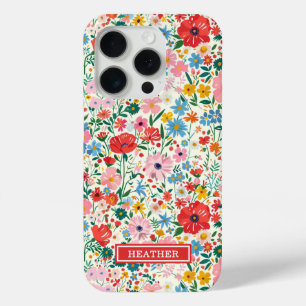 Red and Pink Ditsy Flowers Monogrammed iPhone 15 Pro Case