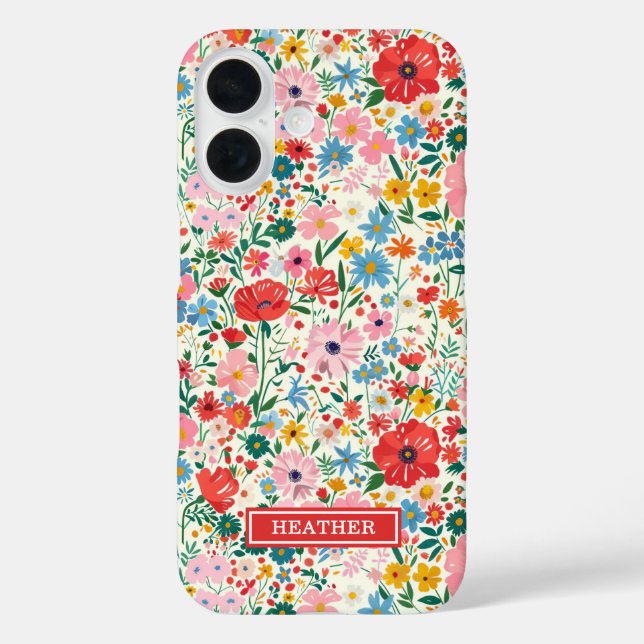 Red and Pink Ditsy Flowers Monogrammed Case-Mate iPhone Case (Back)