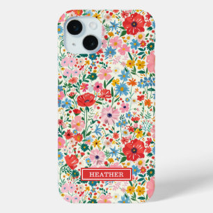 Red and Pink Ditsy Flowers Monogrammed iPhone 15 Mini Case