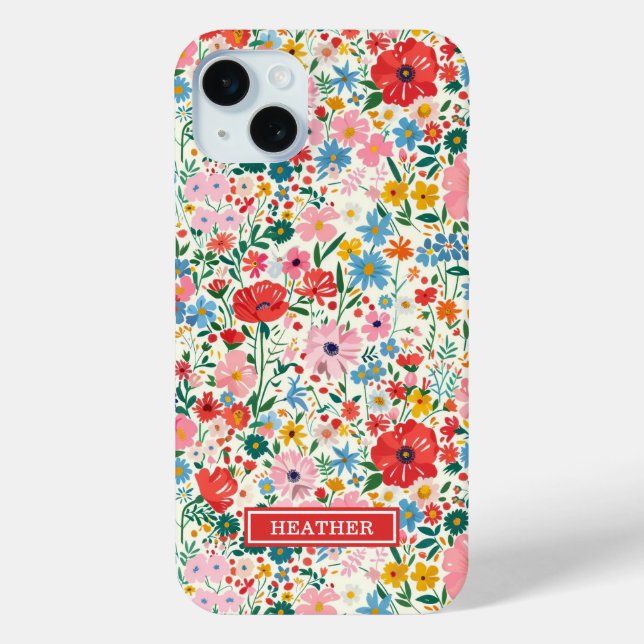 Red and Pink Ditsy Flowers Monogrammed Case-Mate iPhone Case (Back)