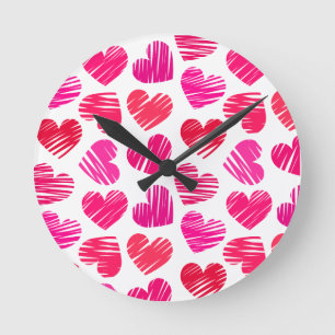 Red and pink doodled Love hearts Round Clock