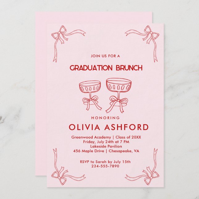 Red and Pink Elegant Brunch graduation Invitation (Front/Back)