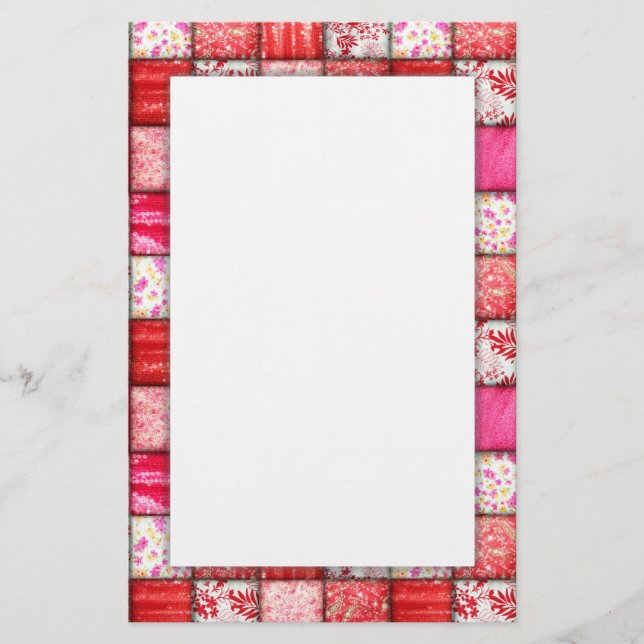 Red and Pink Faux Patchwork Quilting Pattern Stationery (Front)