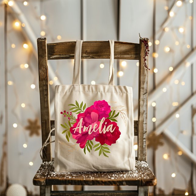 Red and Pink Floral Bridesmaid Personalised Name  Tote Bag (Creator Uploaded)