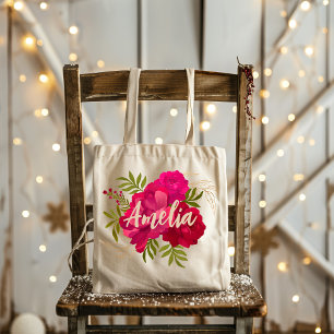 Red and Pink Floral Bridesmaid Personalized Name  Tote Bag