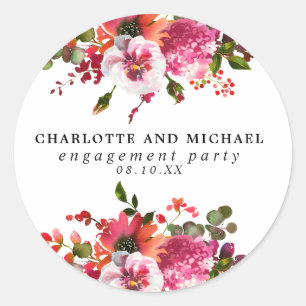 Red and Pink Floral Engagement Party Classic Round Sticker