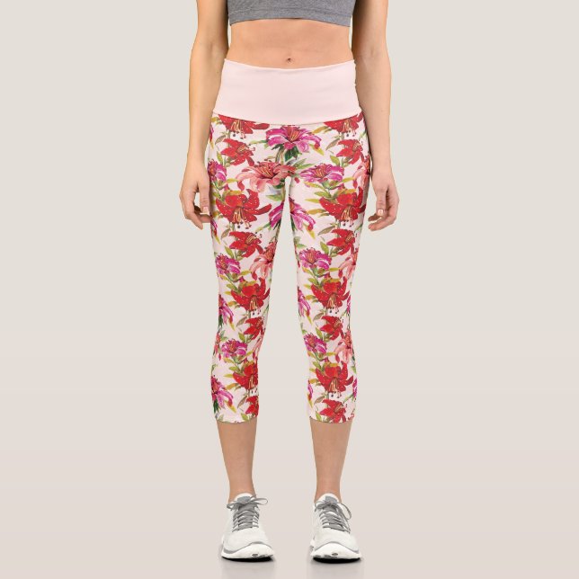 Red and Pink Floral Hibiscus Capri Leggings (Front)