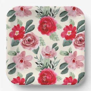 Red and pink Floral Pattern Paper Plate