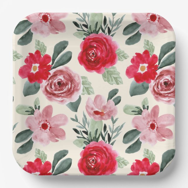 Red and pink Floral Pattern Paper Plate (Front)