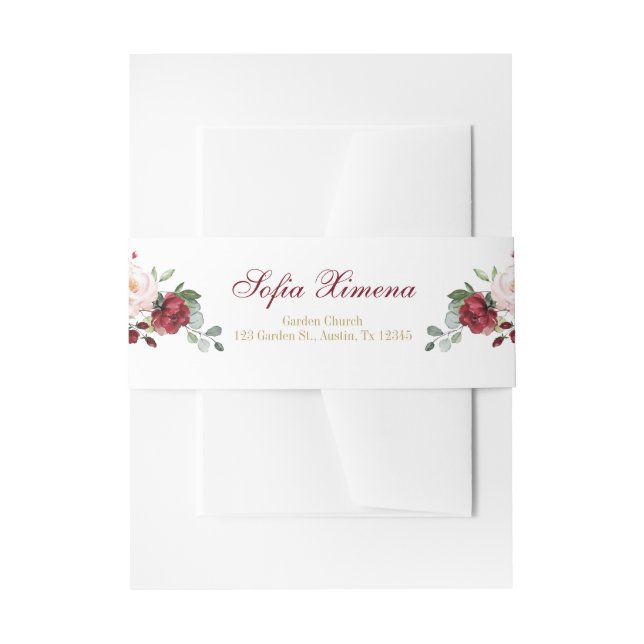 Red and Pink Floral Quinceañera Invitation Belly Band (Front Example)