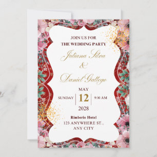 Red and pink floral wedding invitation