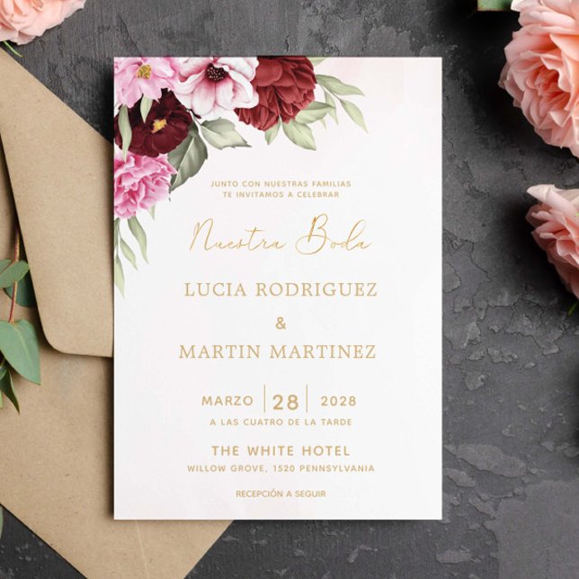 Red and Pink Floral White Nuestra Boda Invitation (Creator Uploaded)