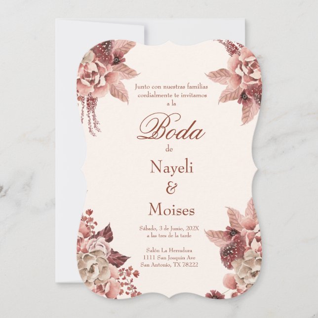  Red and pink flower wedding invitation spanish (Front)