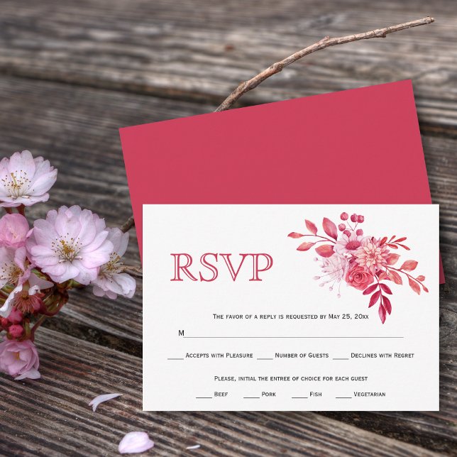 Red and pink flowers and foliage wedding RSVP card (Creator Uploaded)
