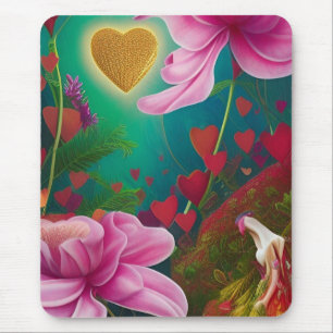 Red and Pink Flowers and Hearts Mouse Mat