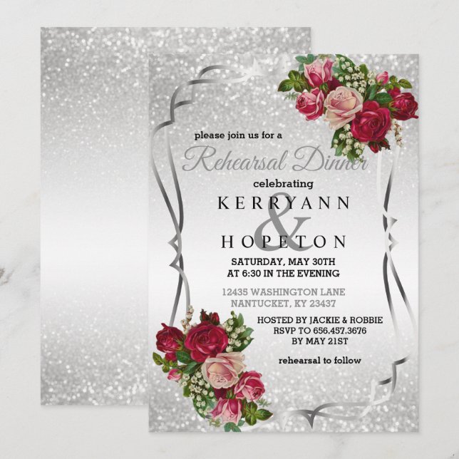 Red and Pink Flowers with Silver Glitter Invitation (Front/Back)
