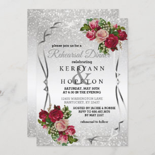 Red and Pink Flowers with Silver Glitter Invitation