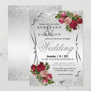 Red and Pink Flowers with Silver Glitter Invitation