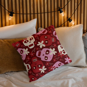 Red and Pink Gothic Floral Skull Halloween Cushion