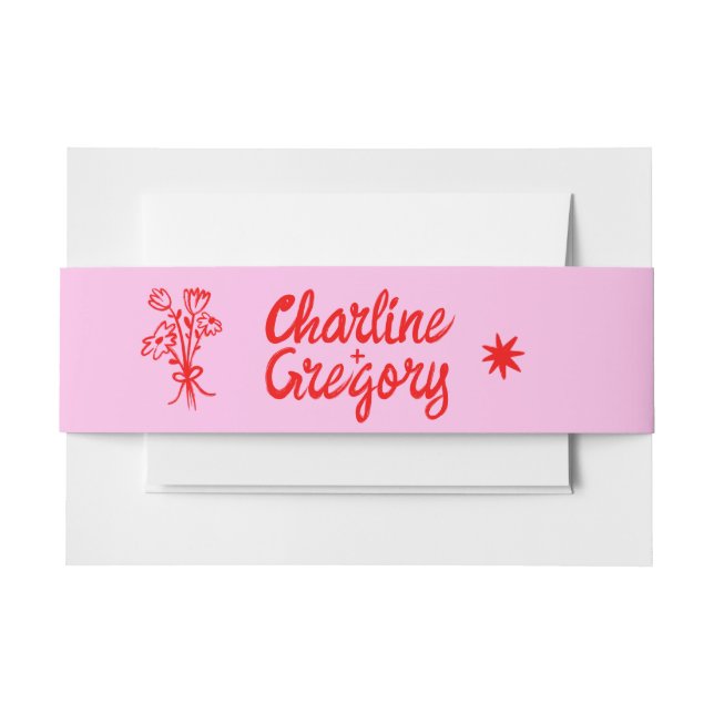 Red and Pink Handwritting Retro Wedding Invitation Belly Band (Front Example)