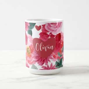 Red and pink heart love floral valentines day name coffee mug