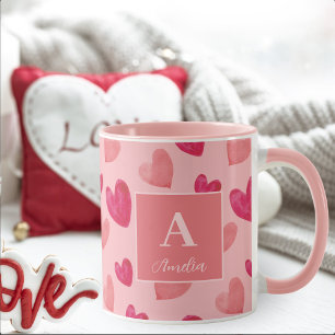 Red and Pink Heart Personalised Monogram Name Mug