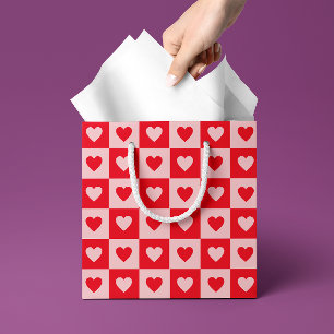 Red and Pink Hearts Checkerboard Valentine's Day Medium Gift Bag
