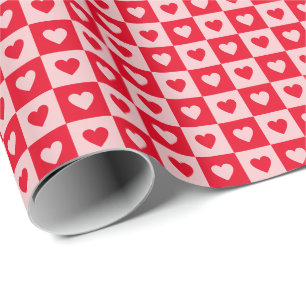 Red and Pink Hearts Chequerboard Valentine's Day Wrapping Paper