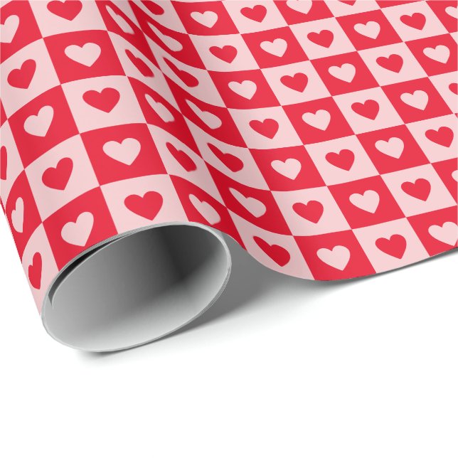 Red and Pink Hearts Chequerboard Valentine's Day Wrapping Paper (Roll Corner)