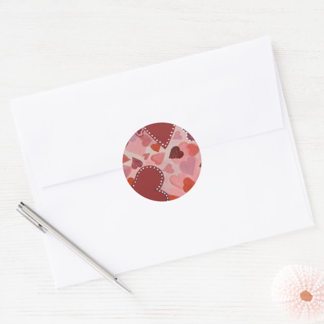Red and Pink Hearts Classic Round Sticker (Envelope)
