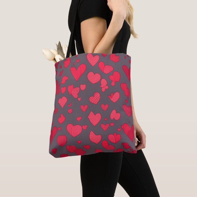 Red and pink hearts dark background tote bag (Close Up)